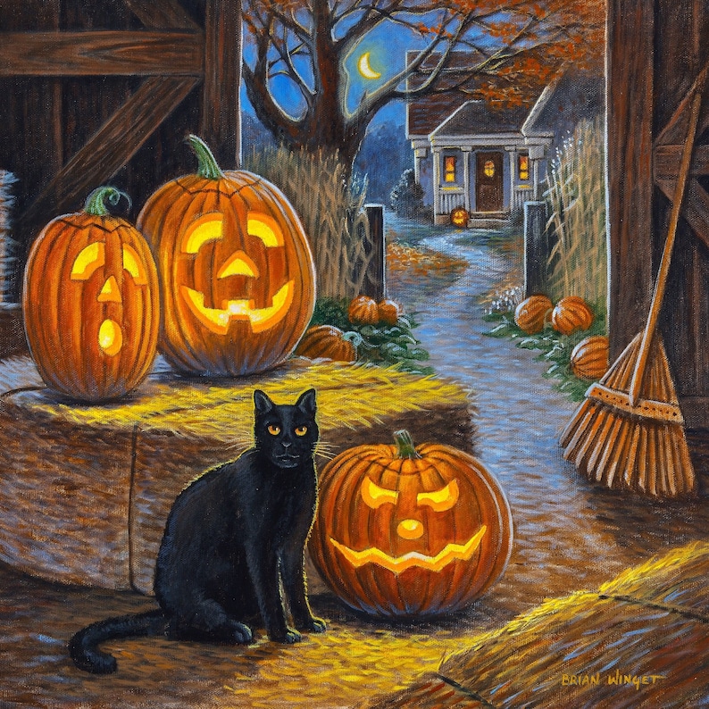 May include: A black cat sits in front of a pile of hay with four jack-o'-lantern pumpkins. The pumpkins are carved with different faces and lit from within. The scene is set in a barn with a wooden door and a path leading out to a house in the distance.
