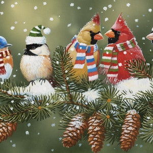 May include: A painting of five birds perched on a snow-covered pine branch with pinecones. The birds wear winter accessories including striped scarves and hats. A bluebird, a chickadee, a yellow cardinal, a red cardinal, and a black-headed bird.