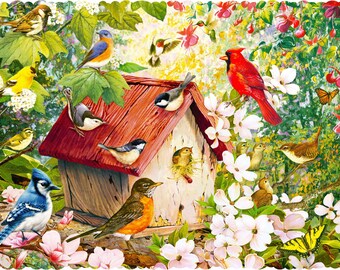 Wooden Jigsaw Puzzles For Adults - Countryside Birdhouse (476 Pieces) Made in the USA by Nautilus Puzzles®  Bird Countryside  Nature Whimsy