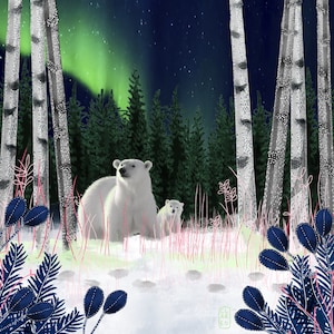 May include: Two polar bears stand in a snowy forest under a green and blue aurora borealis. The larger bear is facing the viewer, while the smaller bear is facing the left side of the image. The forest is made up of tall, thin birch trees.