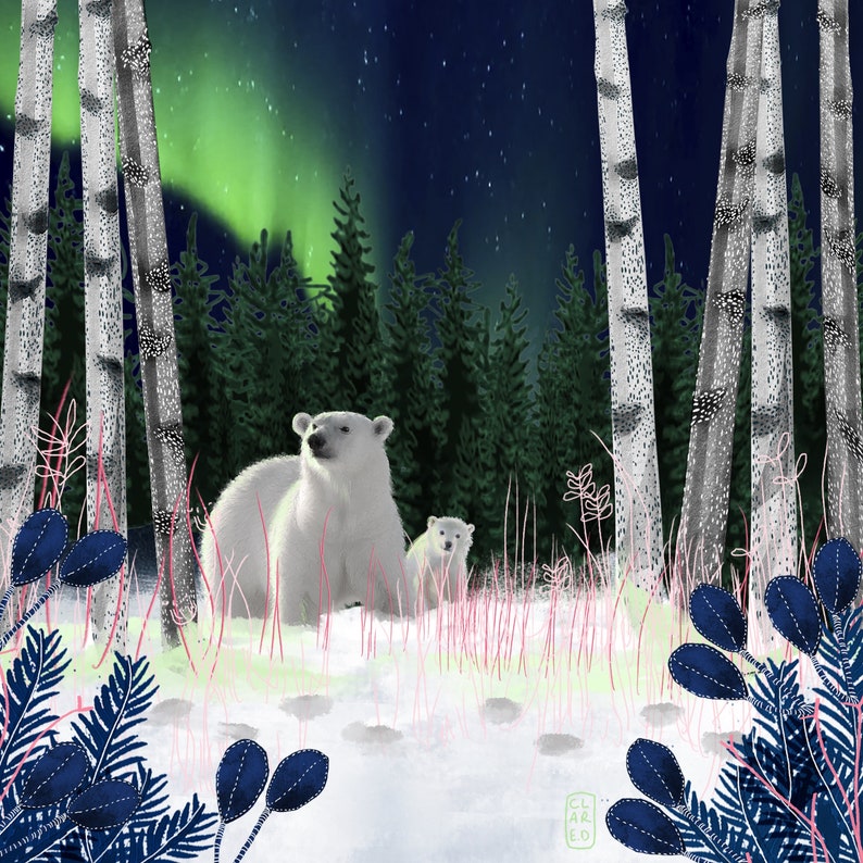 May include: Two polar bears stand in a snowy forest under a green and blue aurora borealis. The larger bear is facing the viewer, while the smaller bear is facing the left side of the image. The forest is made up of tall, thin birch trees.