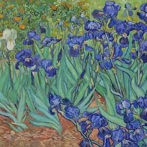 May include: A painting of a field of blue irises with green leaves. The flowers are painted in a vibrant, impressionistic style.