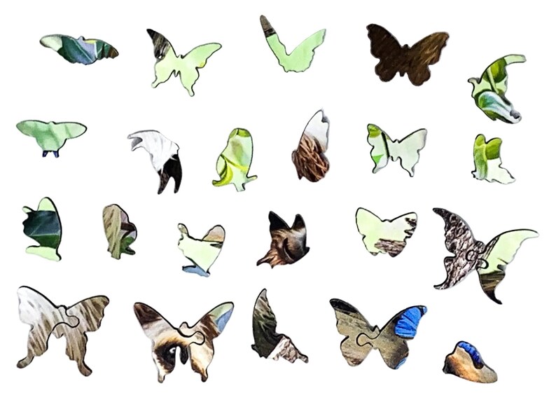 May include: A collection of wooden butterfly puzzle pieces in various colors and patterns. The pieces are in shades of brown, green, white, and blue, with intricate details. The puzzle pieces are scattered on a white background.