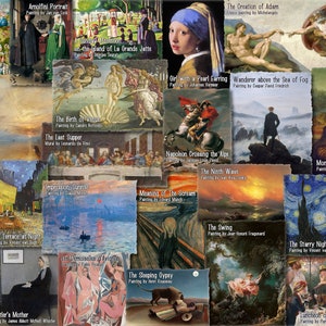 May include: A collection of famous paintings, including "Girl with a Pearl Earring," "Mona Lisa," and "The Starry Night." The artworks are displayed on individual cards, showcasing a variety of artistic styles and historical periods.
