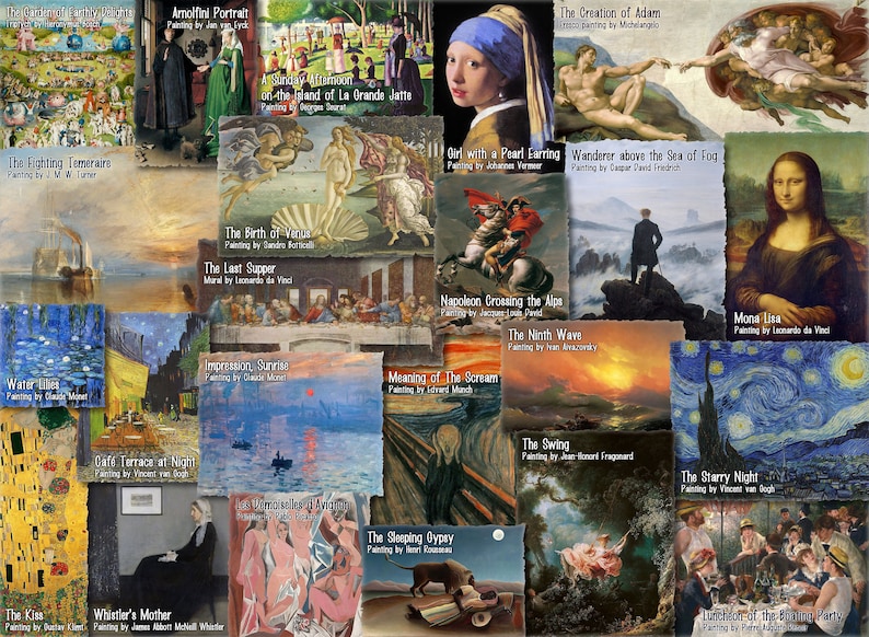 May include: A collection of famous paintings, including "Girl with a Pearl Earring," "Mona Lisa," and "The Starry Night." The artworks are displayed on individual cards, showcasing a variety of artistic styles and historical periods.