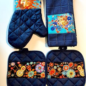 Mexian folk art sun kitchen set oven mitt pot holders kitchen towel retro style
