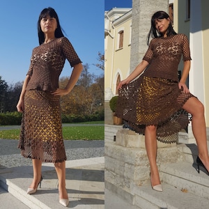 Silk crochet skirt and top. Cocktail, evening, wedding alternative clothes. Crochet lacet women suit.  .
