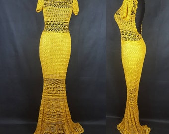 Вязание крючком шелкового длинного платья. Откройте назад. Желтое летнее свадебное альтернативное платье для женщин.