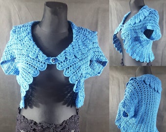 Crochet spring shrug for women . Blue cotton cape, summer bolero.