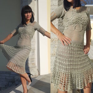 Crochet lace silk dress. Cocktail, vintage, evening lace crochet women dress.