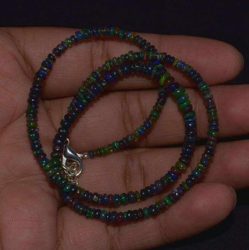 Natural Black Opal Roundelle Shape Beaded Necklace 31Cts,Black Opal Gemstone,Fire Opal Beads,Opal Beads Strand,Black Opal Stone 18 INCHES