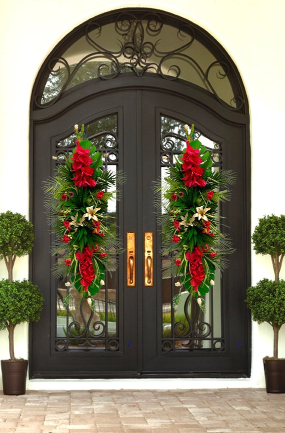 Double Door Large Tropical Hibiscus Summer Wreath | Summer Floral Door Hanger | Front Door Bright Hawaiian Luau | Summer Swag