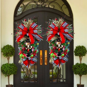 Extra Large Christmas Nutcracker Wreath for Double Doors | Nutcracker Christmas Theme Swag For Front Door | Red, Black, Gold Christmas Decor