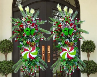 Extra Large Candy Land Theme Christmas Swag |  Double Door Christmas Wreath | Christmas Candy Peppermint Swirl Wreath For Front Door