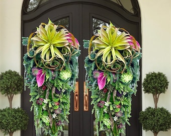 Large Tropical Double Door Everyday Wreath | Summer Succulent Door Hanger | Front Door Bright Greenery Catus Decor | Summer Time Wreath