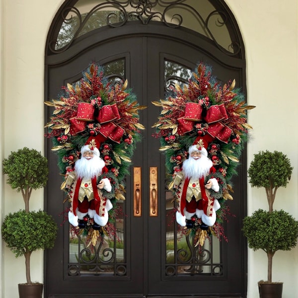 Extra Large Christmas Santa Claus Wreath Double Door| Santa Claus Theme Swag for Front Door | Christmas Santa’s Toy Shop | Santa Workshop