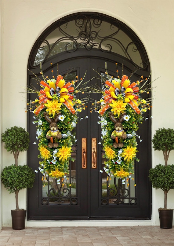 Double Door Easter Bunny Wreath for Spring | Large Easter Sunday Swag | Easter Bunny Egg Hunt Decor | Spring Floral |  Easter Bunny Home