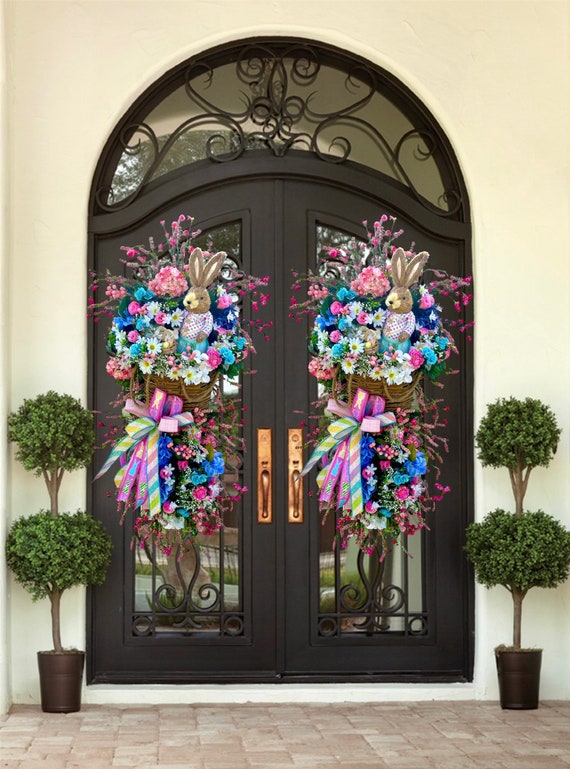 XLarge Easter Sunday Wreath for Spring | Large Easter Bunny Swag | Easter Egg Hunt Decor | Spring Floral | Pastel Easter Bunny Home Decor