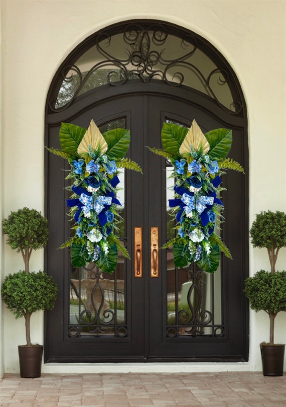 Extra Large Blue Hydrangea Spring Wreath | Summer Floral Swag for Front Door| Blue Rose Double Door Hanger | Spring Country Farmhouse Swag