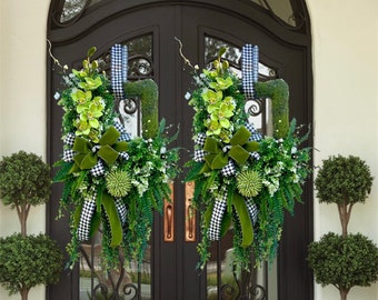 Double Door Floral Spring Wreath for Spring | Large Garden Summer Swag | Greenery Moss Spring Floral wreath | Everyday Wreath for Front Door