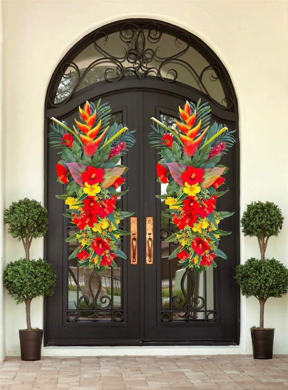 Extra Large Double Door Tropical Summer Wreath | Summer Bird Of Paradise Floral Door Hanger | Front Door Red Hawaiian Luau | Summer Hibiscus