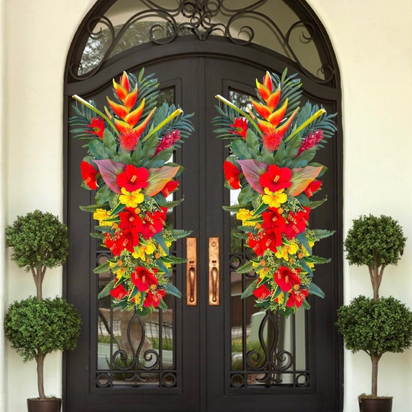 Extra Large Double Door Tropical Summer Wreath | Summer Bird Of Paradise Floral Door Hanger | Front Door Red Hawaiian Luau | Summer Hibiscus