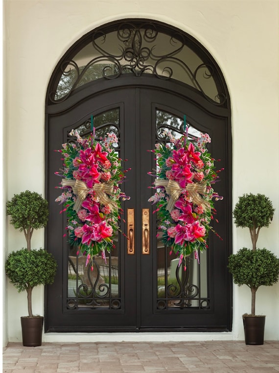 Extra Large Pink Hydrangea Spring Wreath | Summer Peony Swag for Front Door| Pink Floral Double Door Hanger |Cherry Blossoms Farmhouse swag