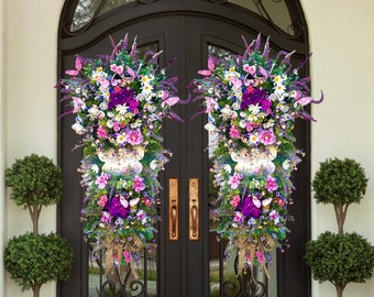 Double Door Large Butterfly Wreath for Spring | Large Lavender Spring Swag | Pink and Purple Butterfly Decor | Spring Floral Garden Wreath