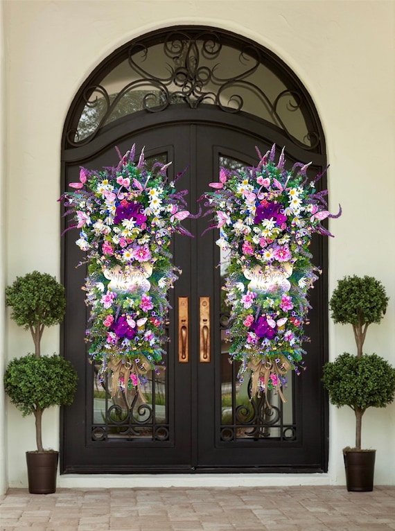 Double Door Large Butterfly Wreath for Spring | Large Lavender Spring Swag | Pink and Purple Butterfly Decor | Spring Floral Garden Wreath