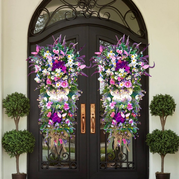 Double Door Large Butterfly Wreath for Spring | Large Lavender Spring Swag | Pink and Purple Butterfly Decor | Spring Floral Garden Wreath