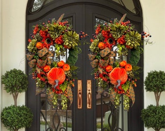 Double Door Thanksgiving Harvest Wreath | Thankful Wreath For Front Door | Outdoor Pumpkin Fall Decor | Autumn Wreath For Front Door