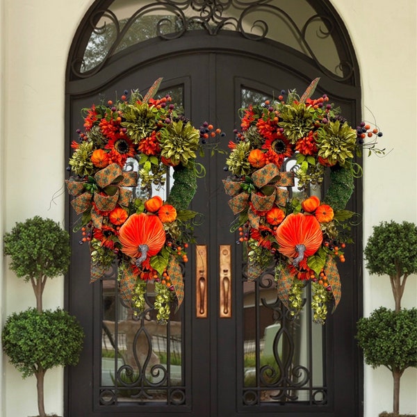 Double Door Thanksgiving Harvest Wreath | Thankful Wreath For Front Door | Outdoor Pumpkin Fall Decor | Autumn Wreath For Front Door