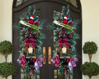 Extra Large Double Door Christmas Cabin Wreath For Front Door | Buffalo Plaid Christmas Decor | Cabin Home Christmas Rustic Style Wreath