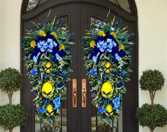 Double Door Extra Large Easter Wreath for Spring | Large yellow Spring Swag | Blue and Yellow Easter Egg Ribbon Spring Floral Garden Wreath