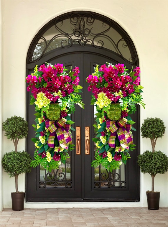 Extra Large Double Door Summer Basket Wreath | Summer Pink Floral Door Hanger | Front Doo Flower Basket Swag| Spring Hydrangeas Wreath