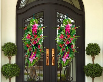 Large Tropical Double Door Summer Wreath | Summer Pink Floral Door Hanger | Front Door Bright Hawaiian Luau Decor | Summer Time Wreath