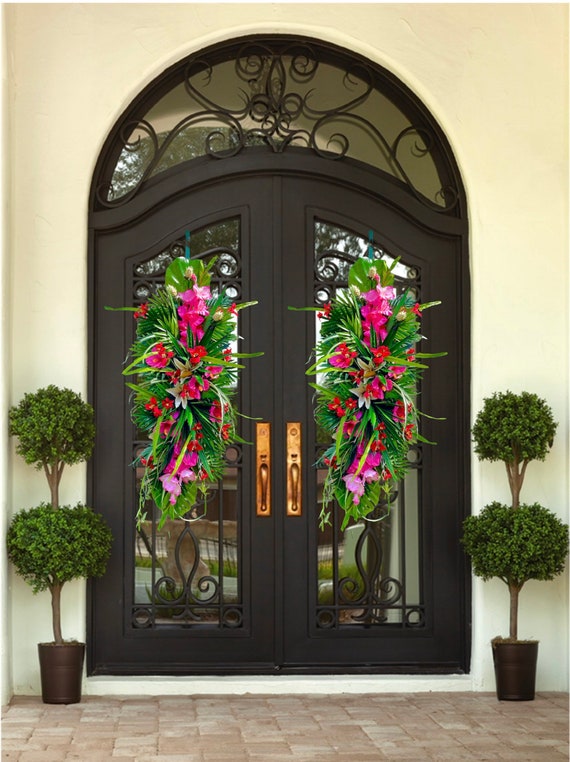 Large Tropical Double Door Summer Wreath | Summer Pink Floral Door Hanger | Front Door Bright Hawaiian Luau Decor | Summer Time Wreath