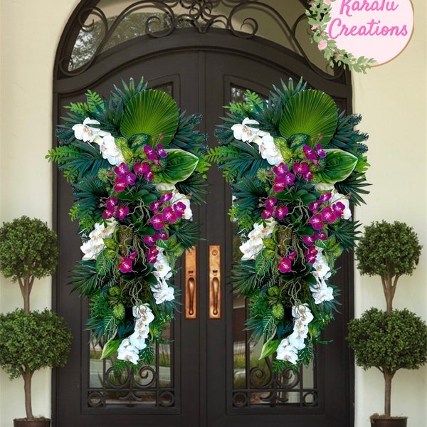 Extra Large Double Door Summer Orchid Wreath | Large Tropical Wreath for Front Door | Pink Front Door Orchid Swag | Luxury Summer Tree Decor