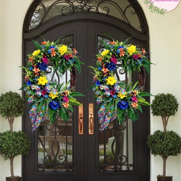 Double Door Floral Spring Wreath for Spring | Large Garden Easter Swag | Easter Spring Yellow, blue Spring Floral wreath |  Easter Decor