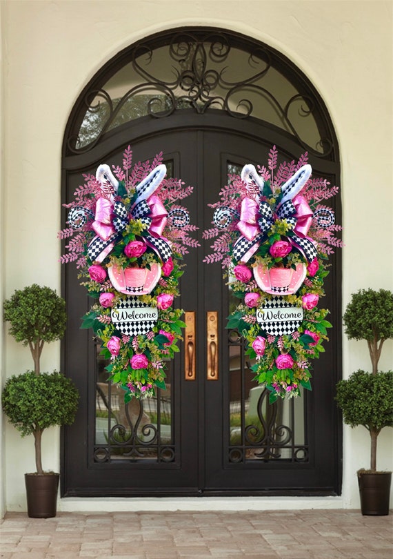 XLarge Pink Easter Bunny Wreath for Spring | Large Peony Easter Swag | Easter Egg Hunt Decor | Spring Floral | Easter Bunny Hat Home Decor