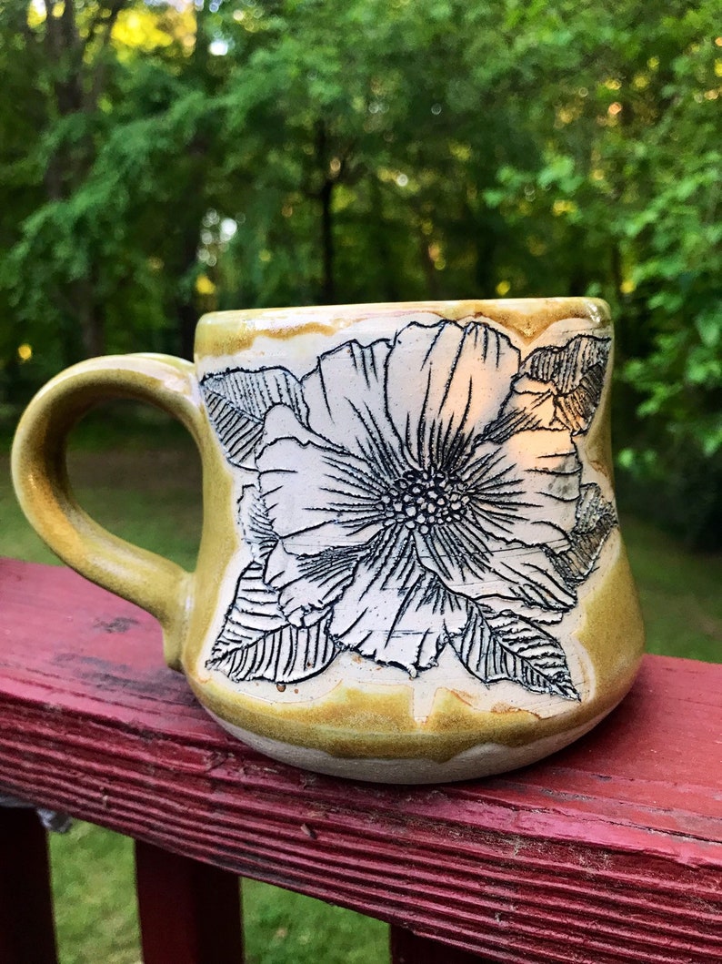 Mustard Yellow Carved Hibiscus Mug
