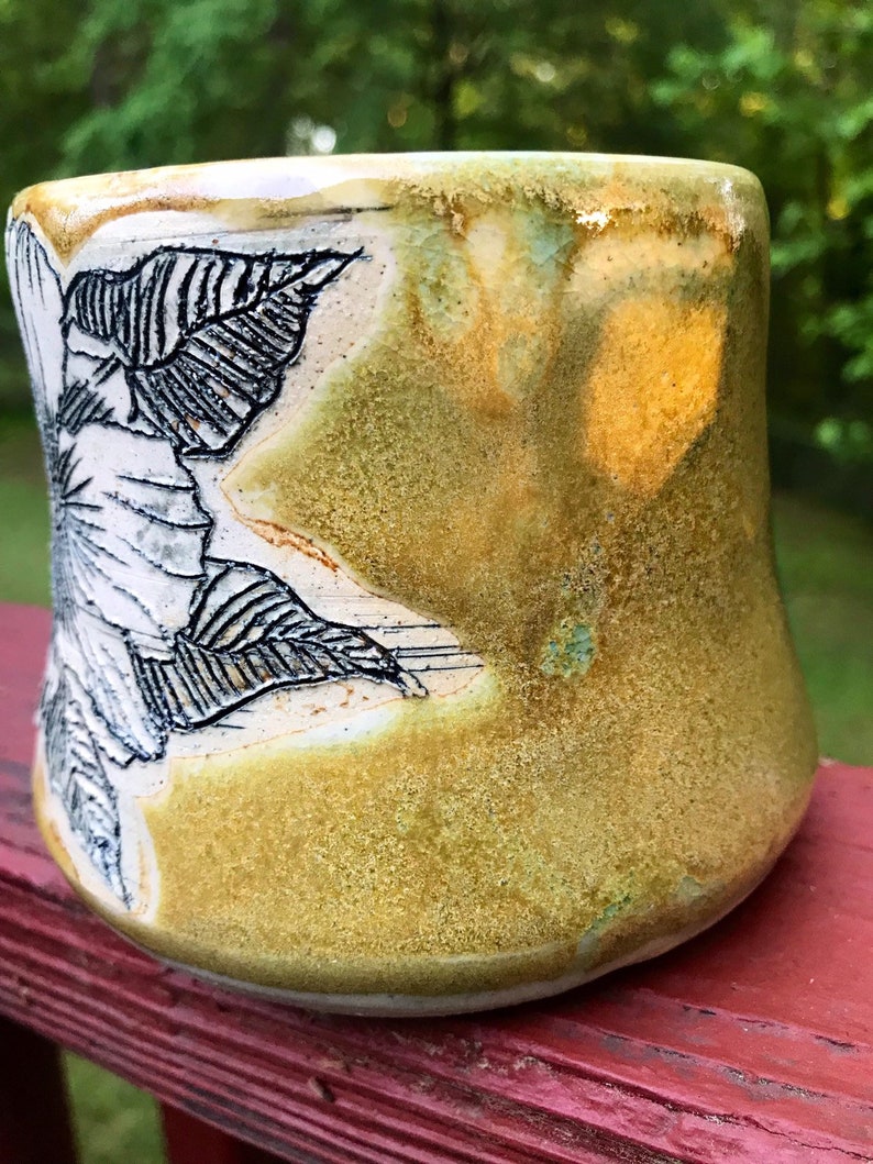 Mustard Yellow Carved Hibiscus Mug
