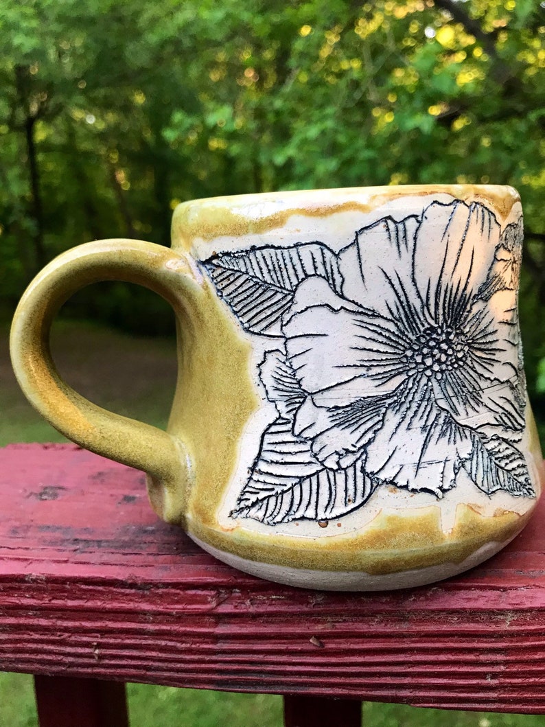 Mustard Yellow Carved Hibiscus Mug