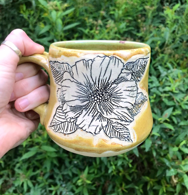 Mustard Yellow Carved Hibiscus Mug