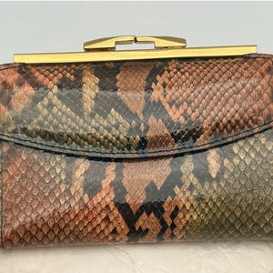 May include: A rectangular wallet featuring a glossy snakeskin pattern in shades of brown, orange, and black. The wallet has a gold-toned metal frame with a top-mounted kiss-lock closure mechanism, providing a secure and structured design.
