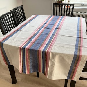Big handwoven striped linen tablecloth. Swedish vintage 1950s.