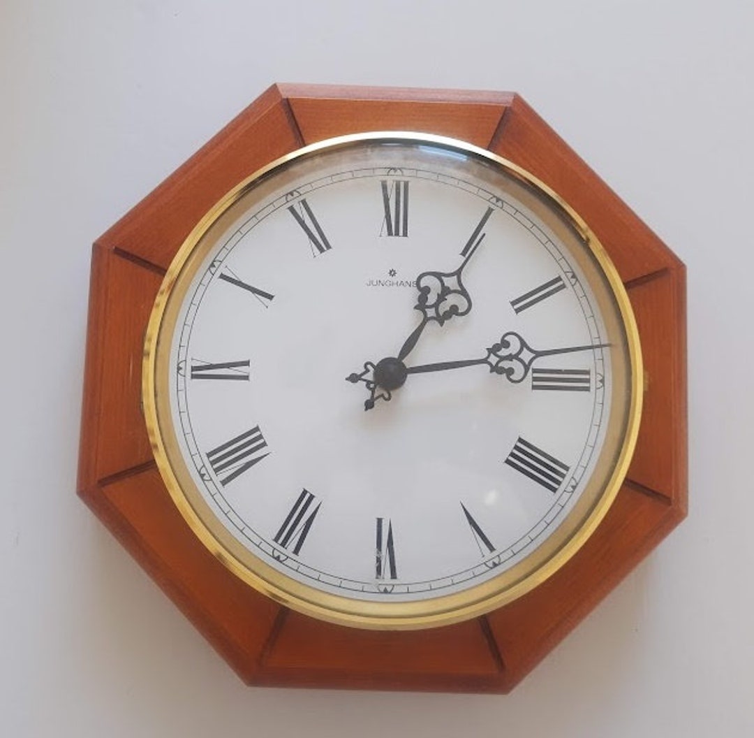 JUNGHANS Octagonal Wooden Working Wall Clock. German Vintage 1980s