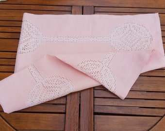 Light pink/peach handmade tablecloth with rich hemstitch. Swedish vintage 1970s.