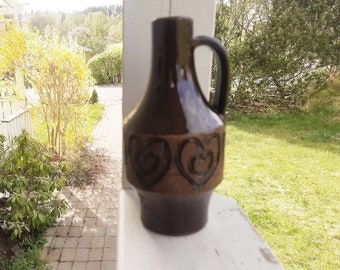 Laholm Sweden ceramic vase with heart decor.  Swedish Vintage 1970s.