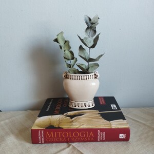 Può includere: Un'urna in ceramica color crema con bordo e base decorativi, contenente due steli di eucalipto essiccati. L'urna poggia su un libro a copertina rigida spesso intitolato Mitologia Grecka i Rzymska, caratterizzato da un'illustrazione classica.